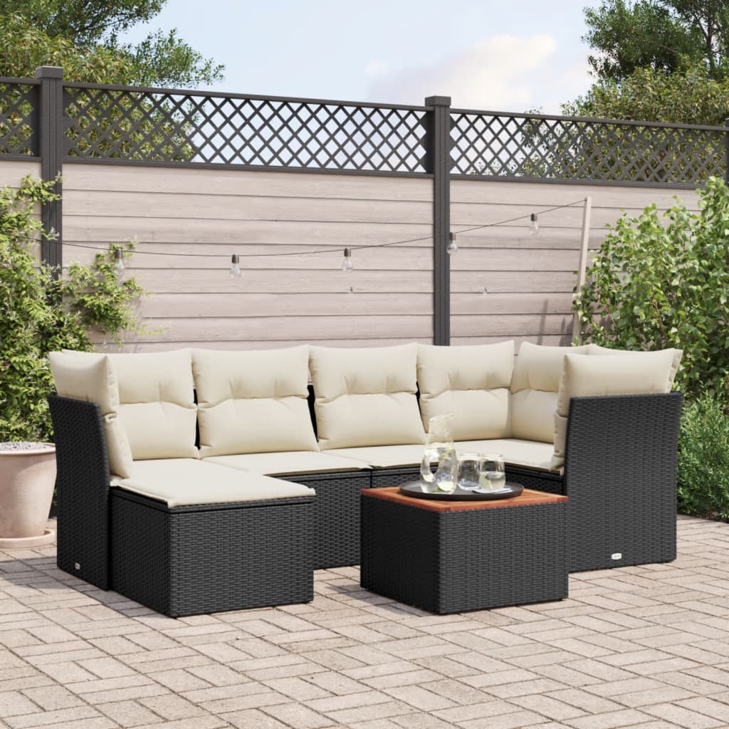 7 Piece Garden Sofa Set with Cushions Black Poly Rattan