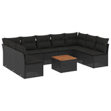 10 Piece Garden Sofa Set with Cushions Black Poly Rattan - Front View