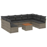 10 Piece Garden Sofa Set with Cushions Grey Poly Rattan - Front View
