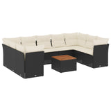 10 Piece Garden Sofa Set with Cushions Black Poly Rattan - Front View