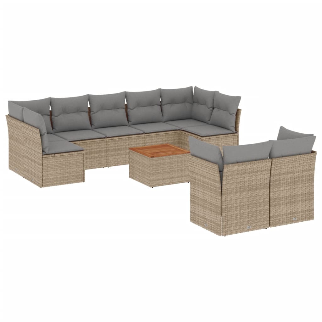 10 Piece Garden Sofa Set with Cushions Beige Poly Rattan