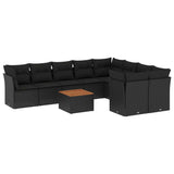 10 Piece Garden Sofa Set with Cushions Black Poly Rattan - Front View