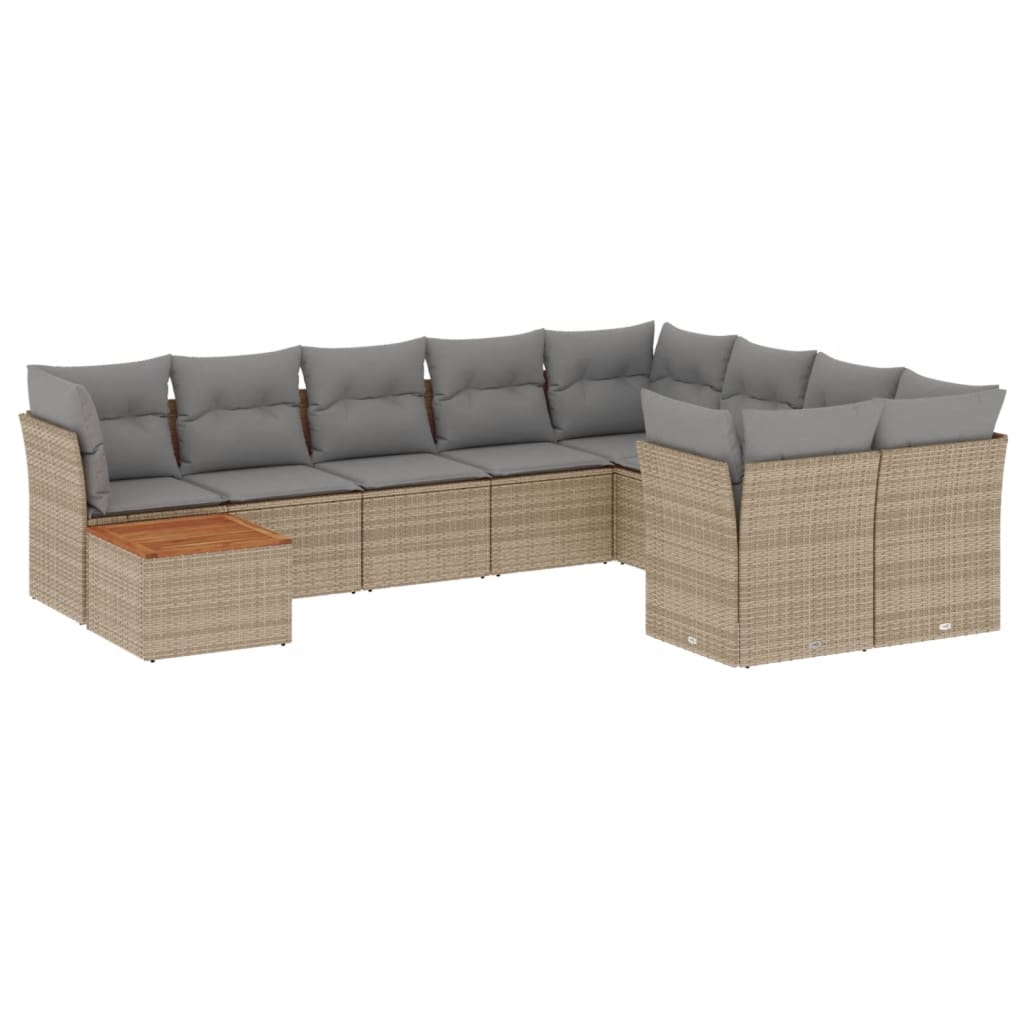 10 Piece Garden Sofa Set with Cushions Beige Poly Rattan