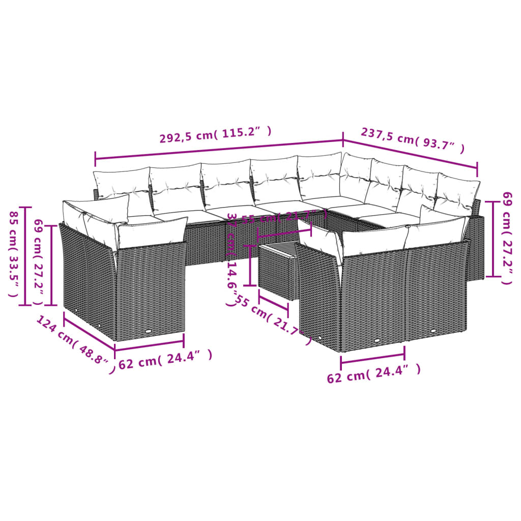 13 Piece Garden Sofa Set with Cushions Grey Poly Rattan