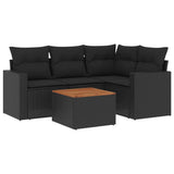 5 Piece Garden Sofa Set with Cushions Black Poly Rattan - Front View