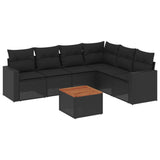 7 Piece Garden Sofa Set with Cushions Black Poly Rattan - Front View