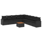 10 Piece Garden Sofa Set with Cushions Black Poly Rattan - Front View
