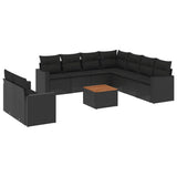 10 Piece Garden Sofa Set with Cushions Black Poly Rattan - Front View