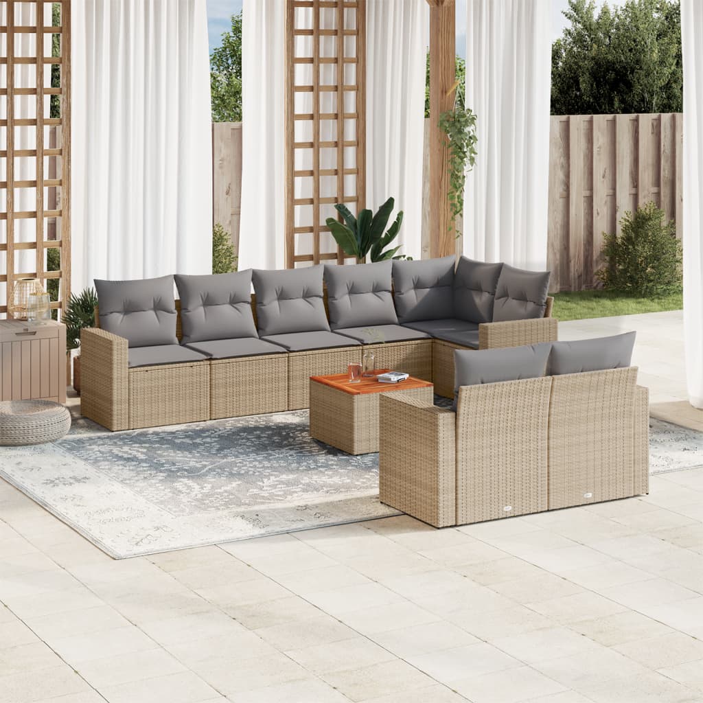 9 Piece Garden Sofa Set with Cushions Beige Poly Rattan