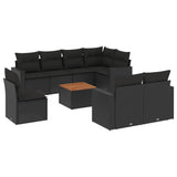 9 Piece Garden Sofa Set with Cushions Black Poly Rattan - Front View
