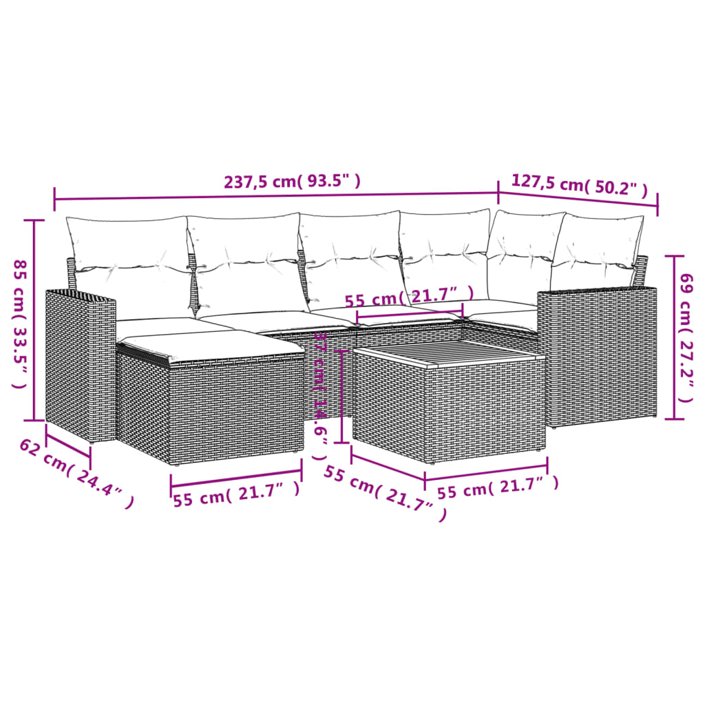7 Piece Garden Sofa Set with Cushions Grey Poly Rattan