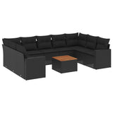 10 Piece Garden Sofa Set with Cushions Black Poly Rattan - Front View