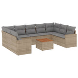 10 Piece Garden Sofa Set with Cushions Beige Poly Rattan - Front View