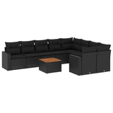 10 Piece Garden Sofa Set with Cushions Black Poly Rattan - Front View