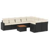 10 Piece Garden Sofa Set with Cushions Black Poly Rattan - Front View