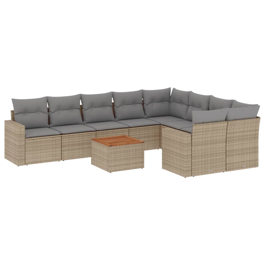10 Piece Garden Sofa Set with Cushions Beige Poly Rattan