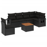 7 Piece Garden Sofa Set with Cushions Black Poly Rattan - Front View