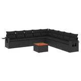 10 Piece Garden Sofa Set with Cushions Black Poly Rattan - Front View