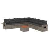 10 Piece Garden Sofa Set with Cushions Grey Poly Rattan - Front View