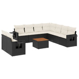 10 Piece Garden Sofa Set with Cushions Black Poly Rattan - Front View