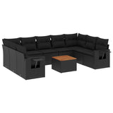 10 Piece Garden Sofa Set with Cushions Black Poly Rattan - Front View