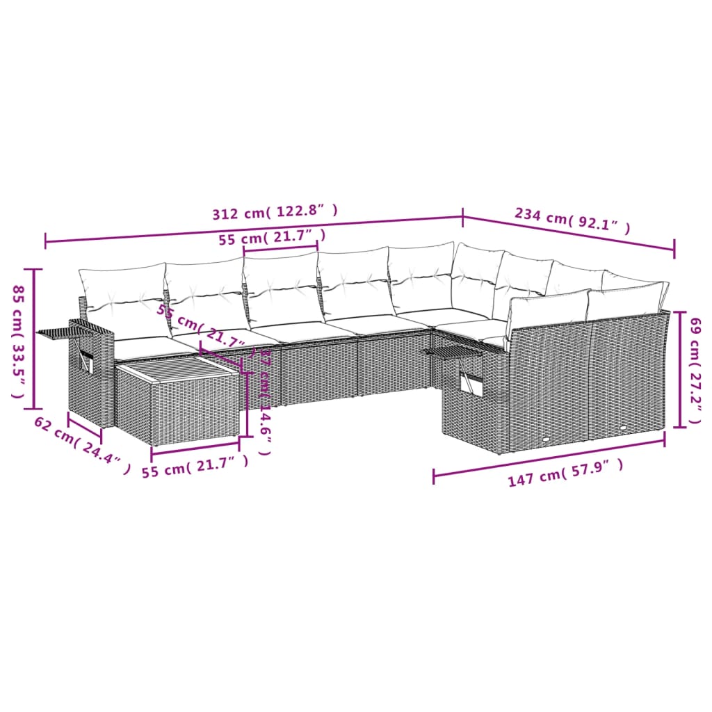 10 Piece Garden Sofa Set with Cushions Black Poly Rattan
