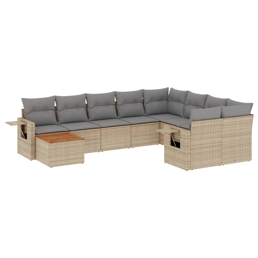10 Piece Garden Sofa Set with Cushions Beige Poly Rattan