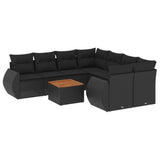 9 Piece Garden Sofa Set with Cushions Black Poly Rattan - Front View