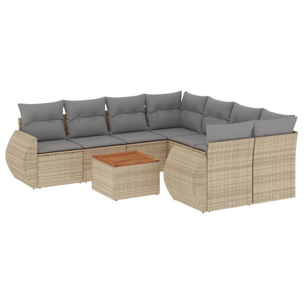 9 Piece Garden Sofa Set with Cushions Beige Poly Rattan