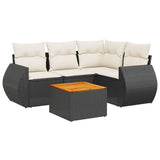 5 Piece Garden Sofa Set with Cushions Black Poly Rattan - Front View
