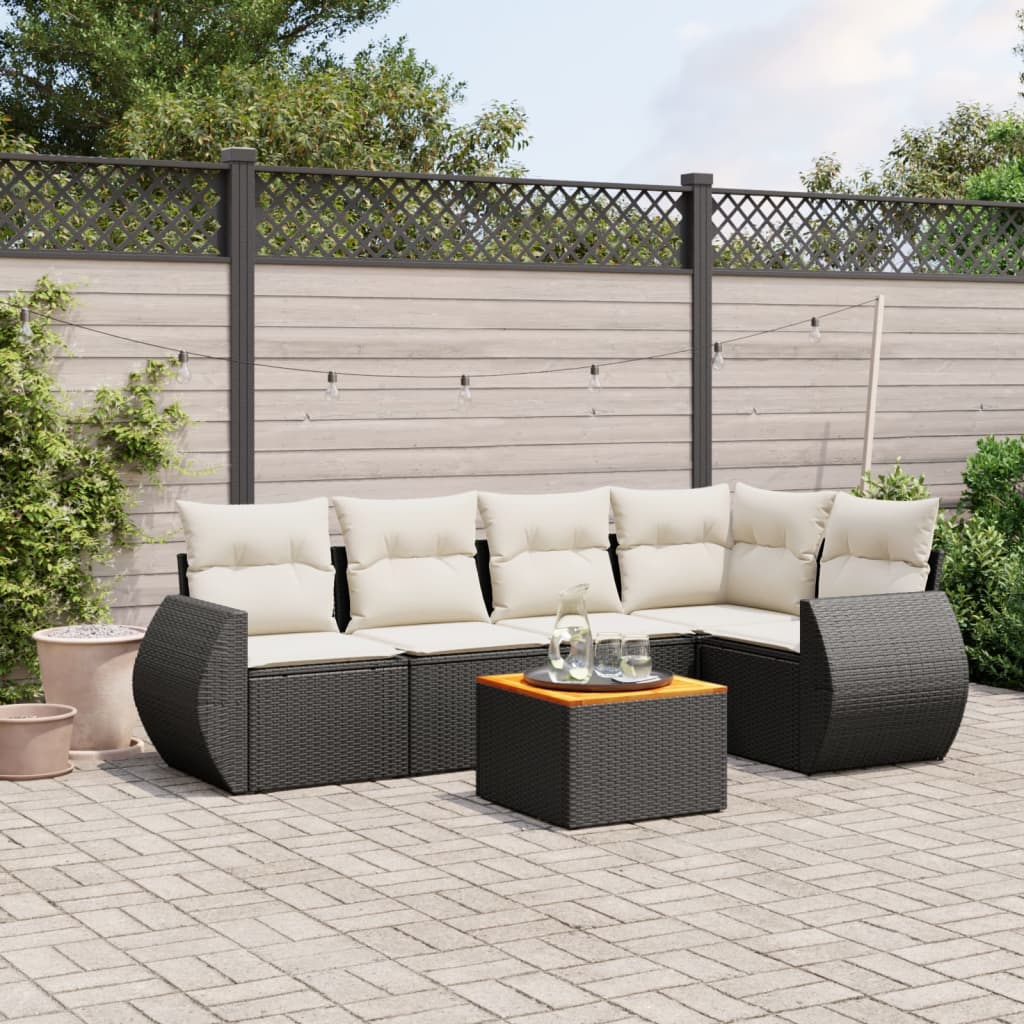 6 Piece Garden Sofa Set with Cushions Black Poly Rattan
