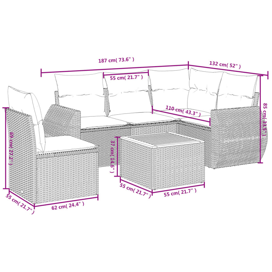 6 Piece Garden Sofa Set with Cushions Black Poly Rattan