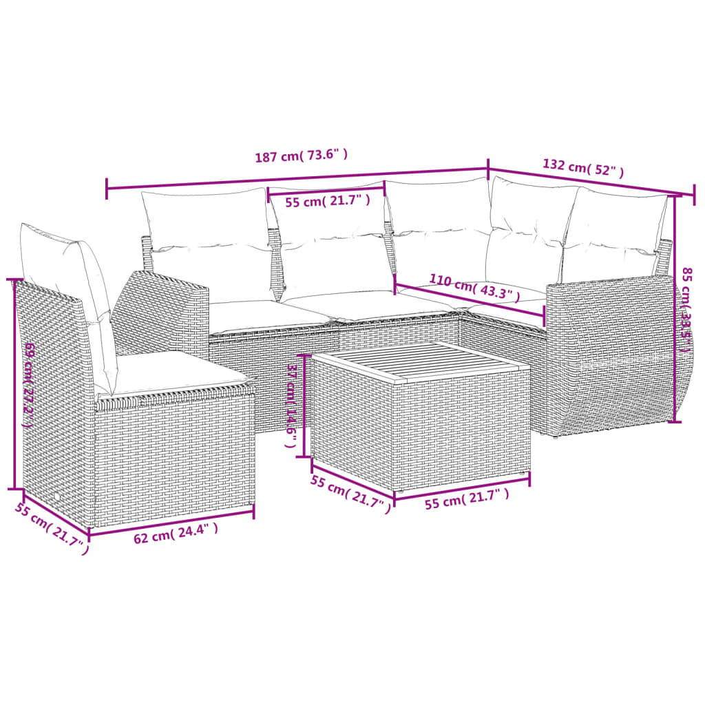 6 Piece Garden Sofa Set with Cushions Grey Poly Rattan