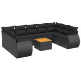 10 Piece Garden Sofa Set with Cushions Black Poly Rattan - Front View