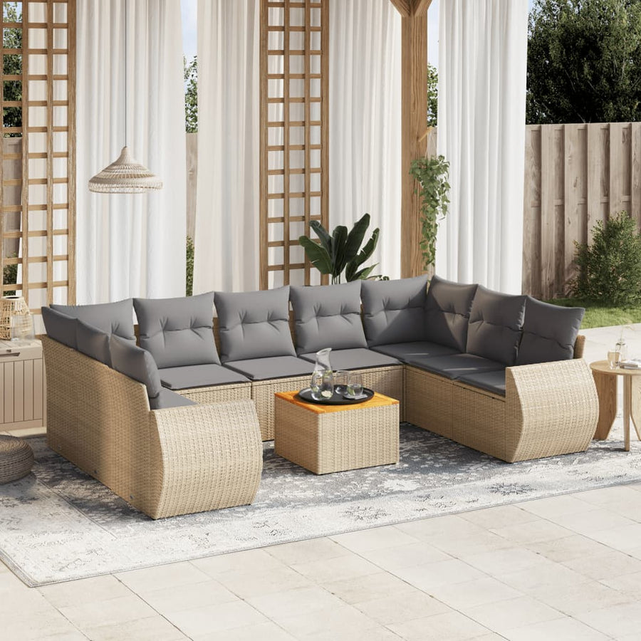 10 Piece Garden Sofa Set with Cushions Beige Poly Rattan