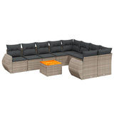10 Piece Garden Sofa Set with Cushions Grey Poly Rattan - Front View