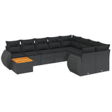 10 Piece Garden Sofa Set with Cushions Black Poly Rattan - Front View