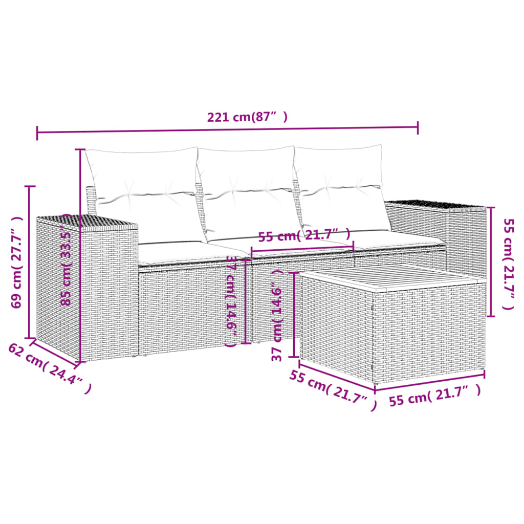 4 Piece Garden Sofa Set with Cushions Black Poly Rattan