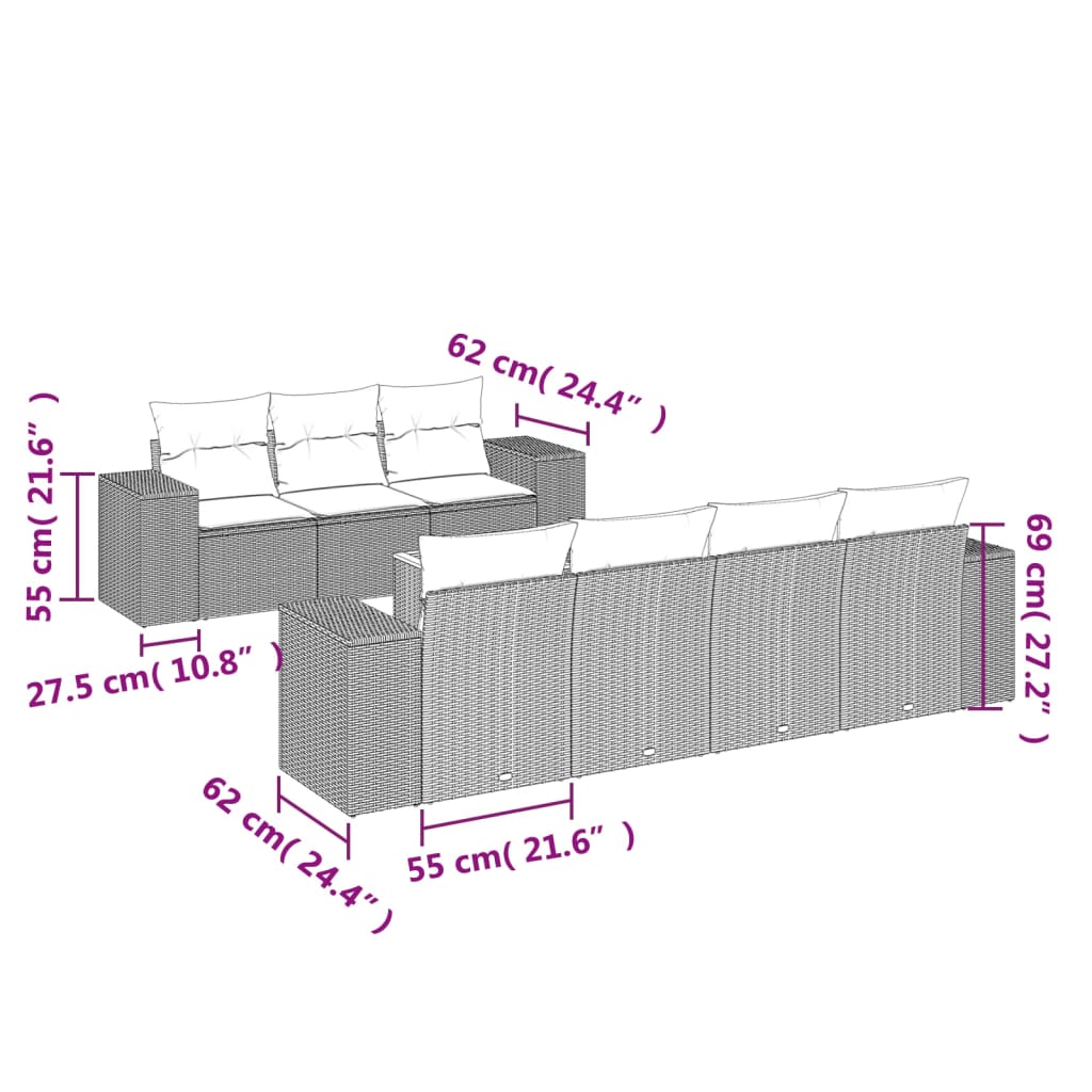 8 Piece Garden Sofa Set with Cushions Grey Poly Rattan