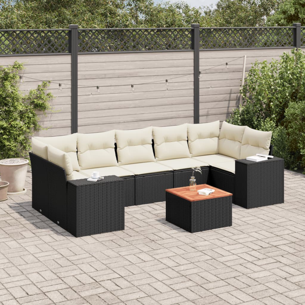 8 Piece Garden Sofa Set with Cushions Black Poly Rattan
