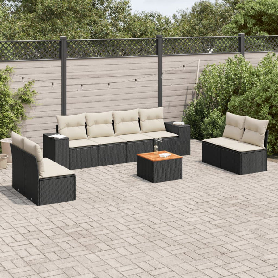 9 Piece Garden Sofa Set with Cushions Black Poly Rattan