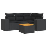 5 Piece Garden Sofa Set with Cushions Black Poly Rattan - Front View