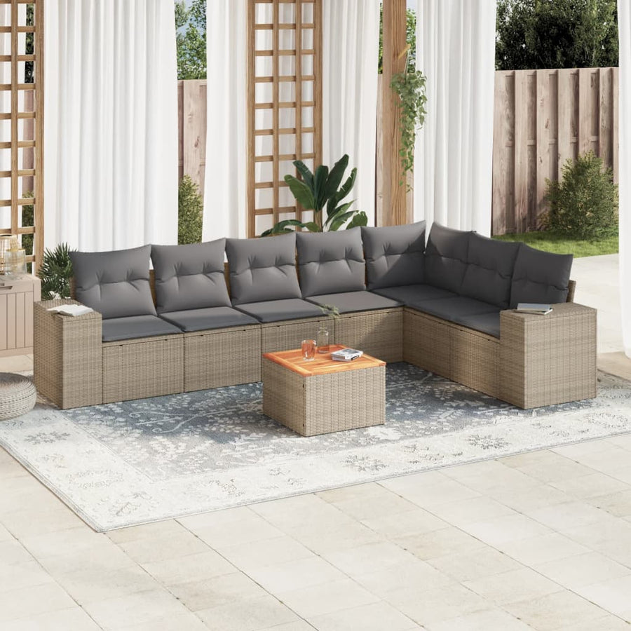 8 Piece Garden Sofa Set with Cushions Beige Poly Rattan