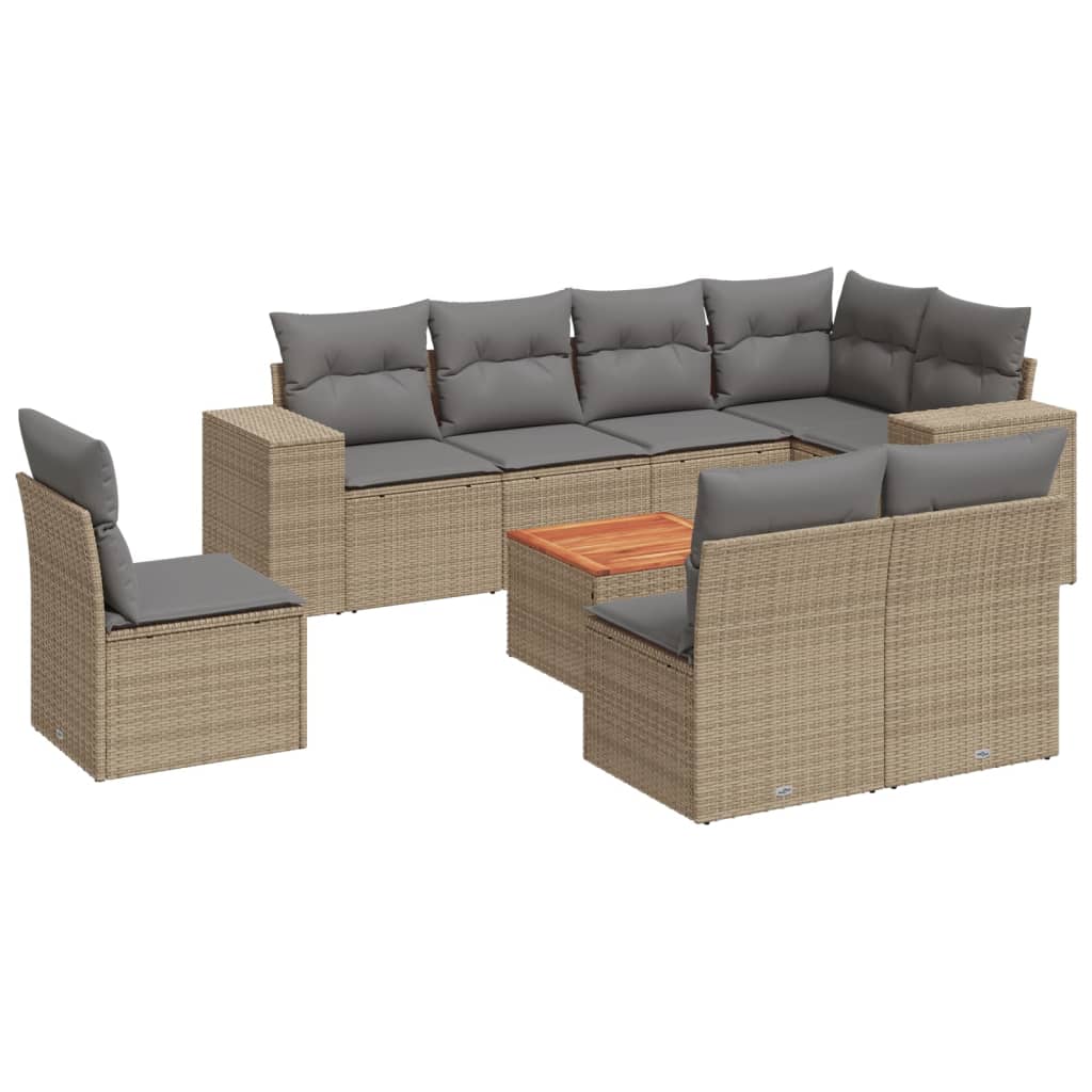 9 Piece Garden Sofa Set with Cushions Beige Poly Rattan