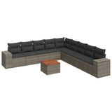 10 Piece Garden Sofa Set with Cushions Grey Poly Rattan - Front View