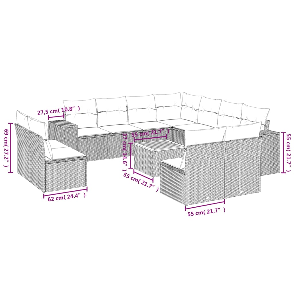 12 Piece Garden Sofa Set with Cushions Grey Poly Rattan