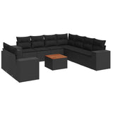 10 Piece Garden Sofa Set with Cushions Black Poly Rattan - Front View