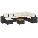 9 Piece Garden Sofa Set with Cushions Black Poly Rattan - Front View