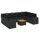 10 Piece Garden Sofa Set with Cushions Black Poly Rattan - Front View