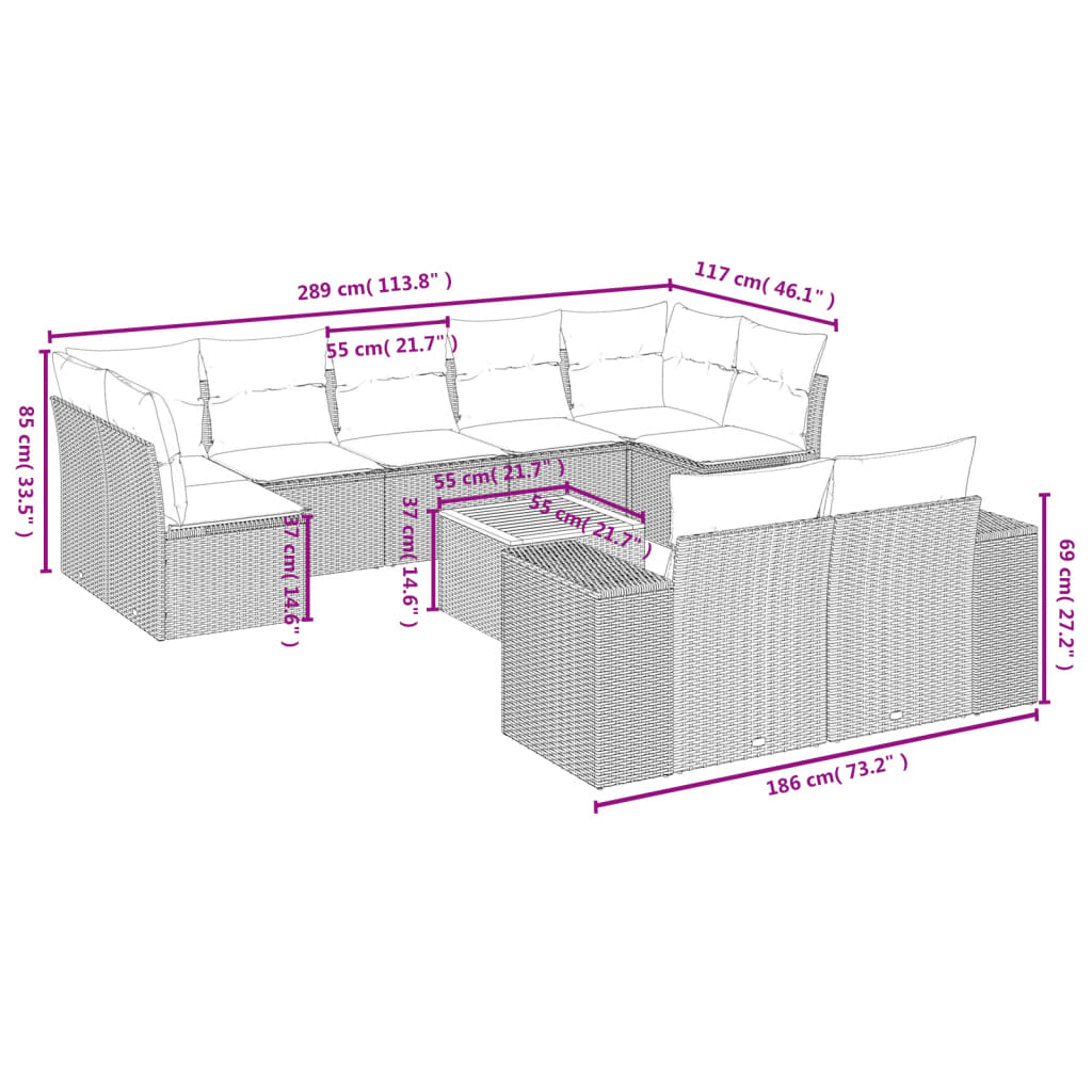 10 Piece Garden Sofa Set with Cushions Black Poly Rattan
